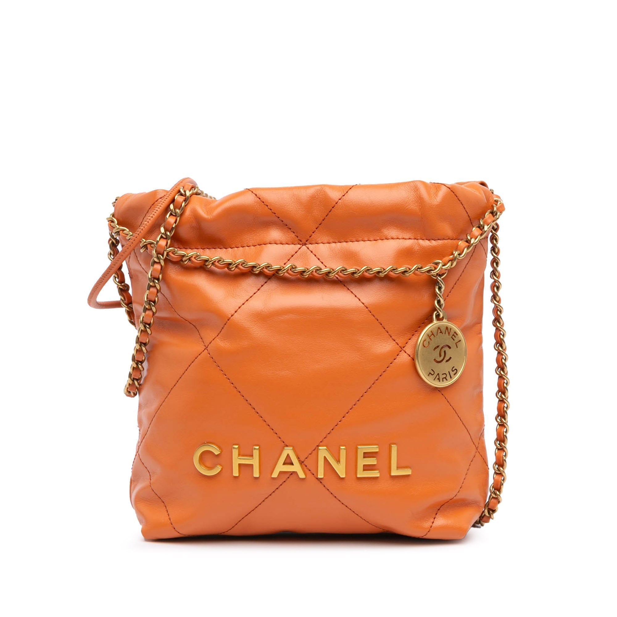 Orange Chanel Mini Shiny Calfskin 22 Handbag Satchel