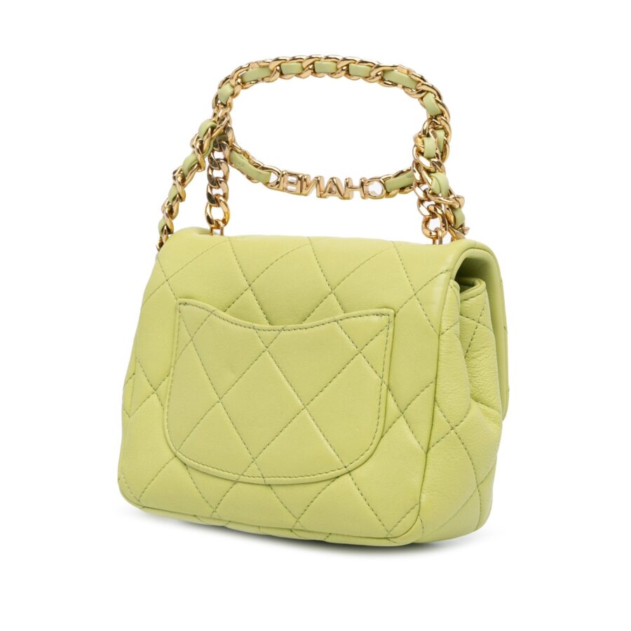 Green Chanel Mini Quilted Lambskin Oval Logo Chain Top Handle Flap Crossbody Bag | Studio Nafay