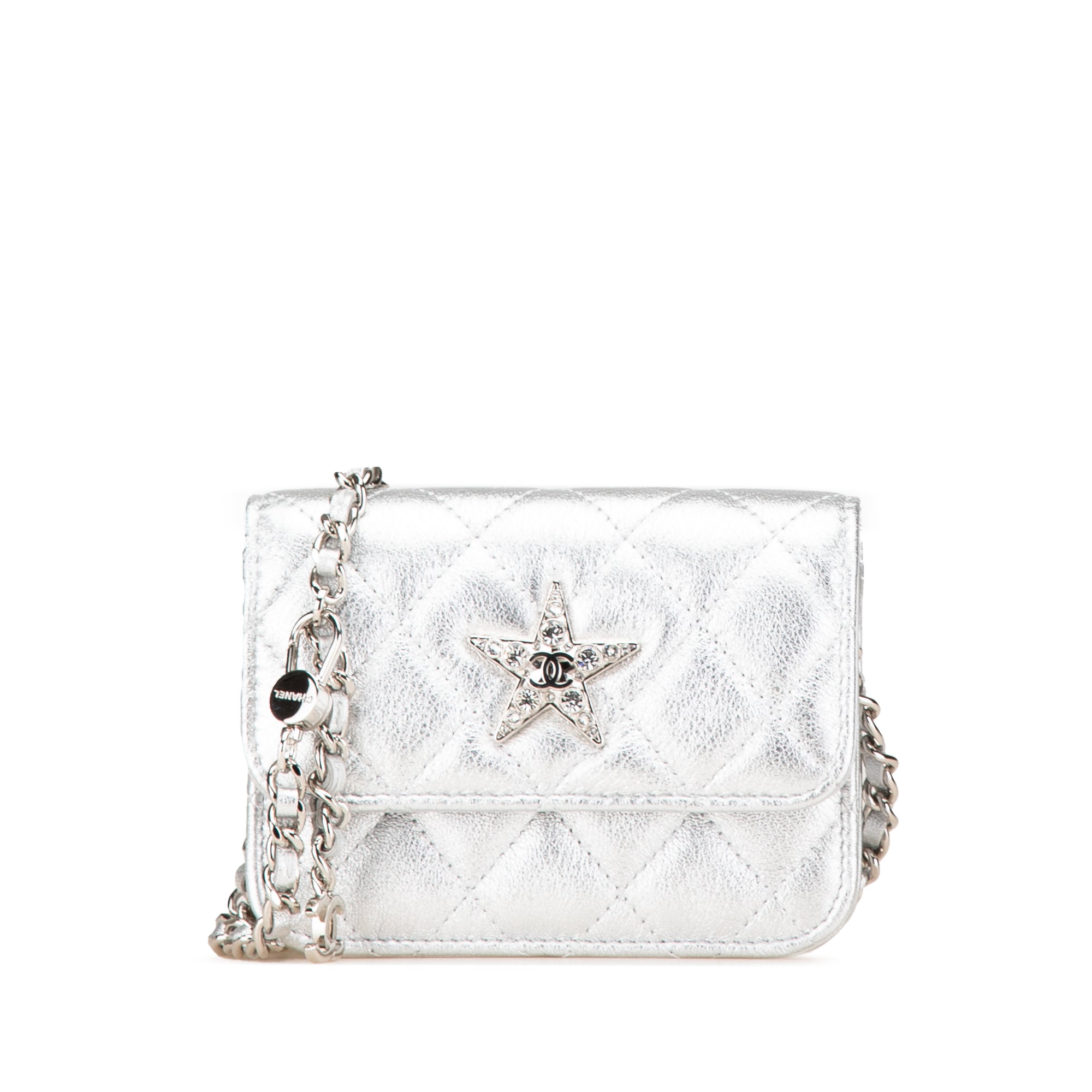 Silver Chanel Metallic Lambskin Crystal Star Chain Belt Bag