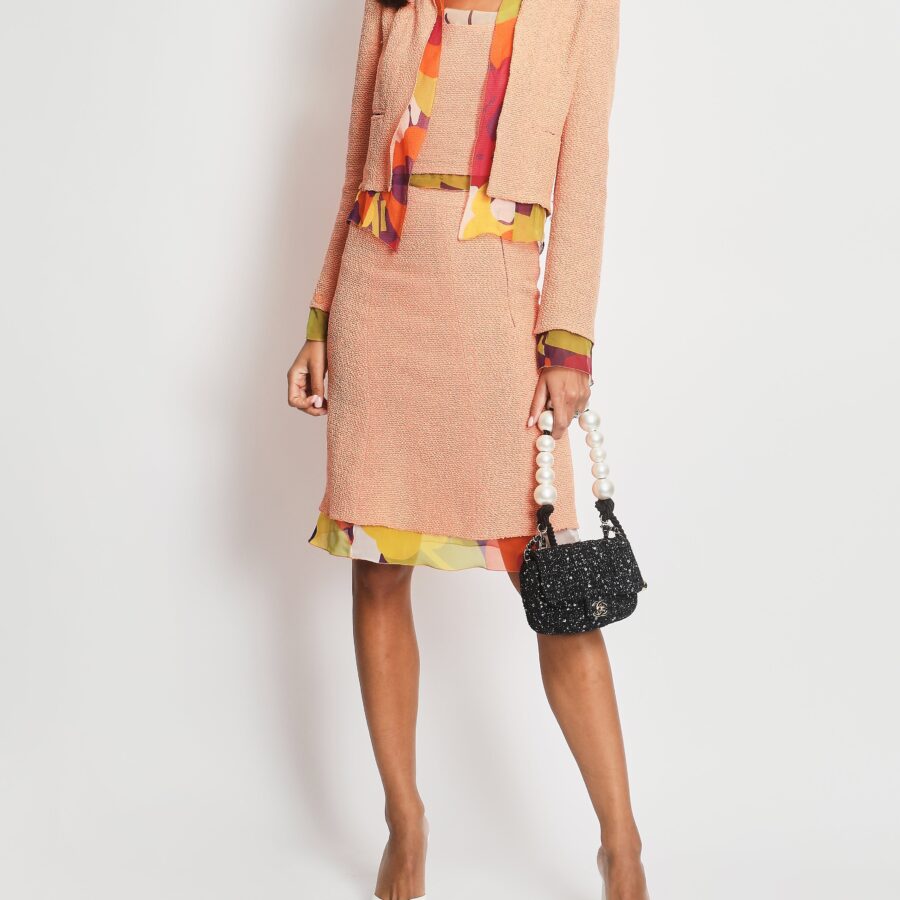 Chanel Peach Three Piece Set with Multicoloured Silk Trim and Shoulder Pad Detailing FR 38 (UK 10) Shoulder Bag | Studio Nafay