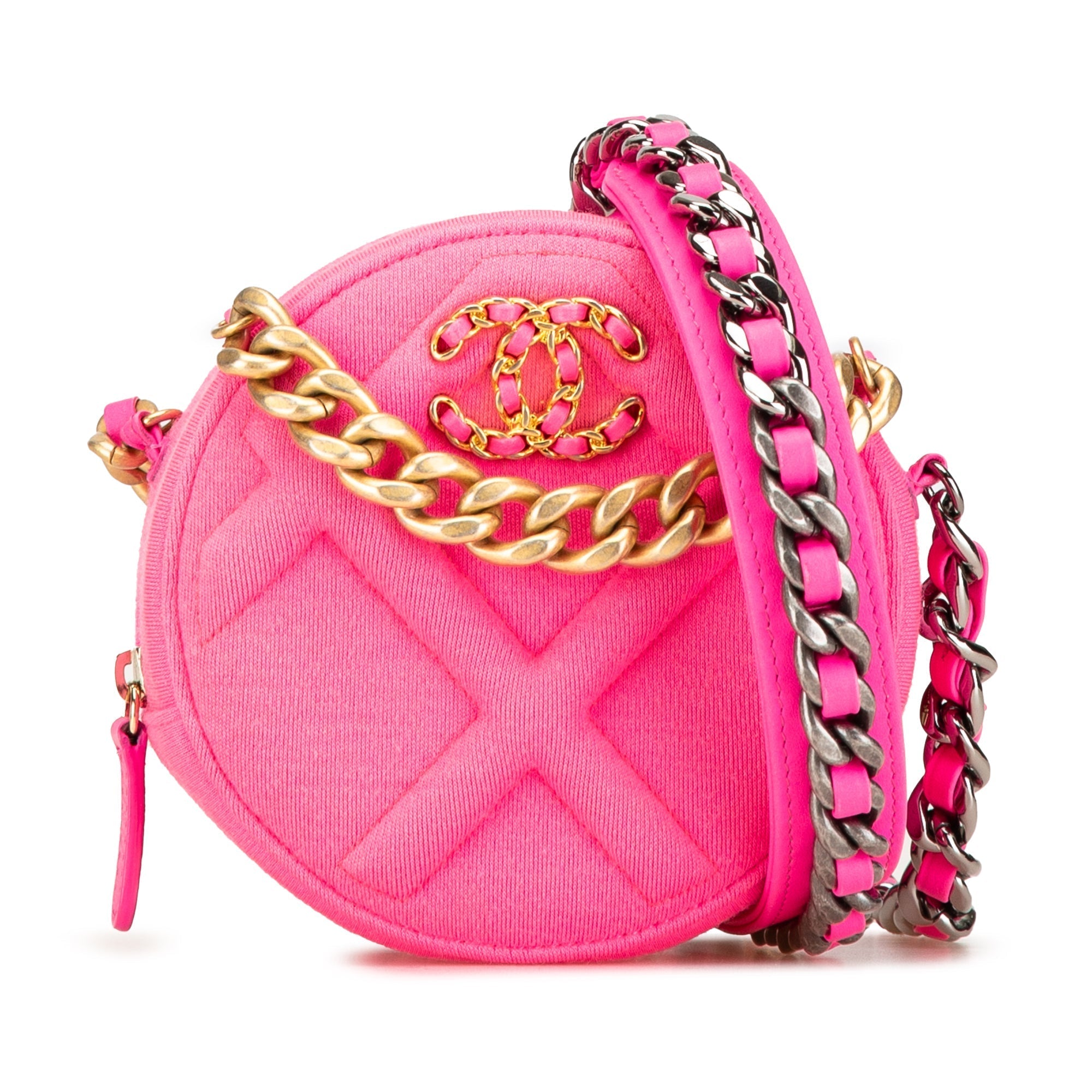 Pink Chanel Jersey 19 Round Clutch on Chain Satchel