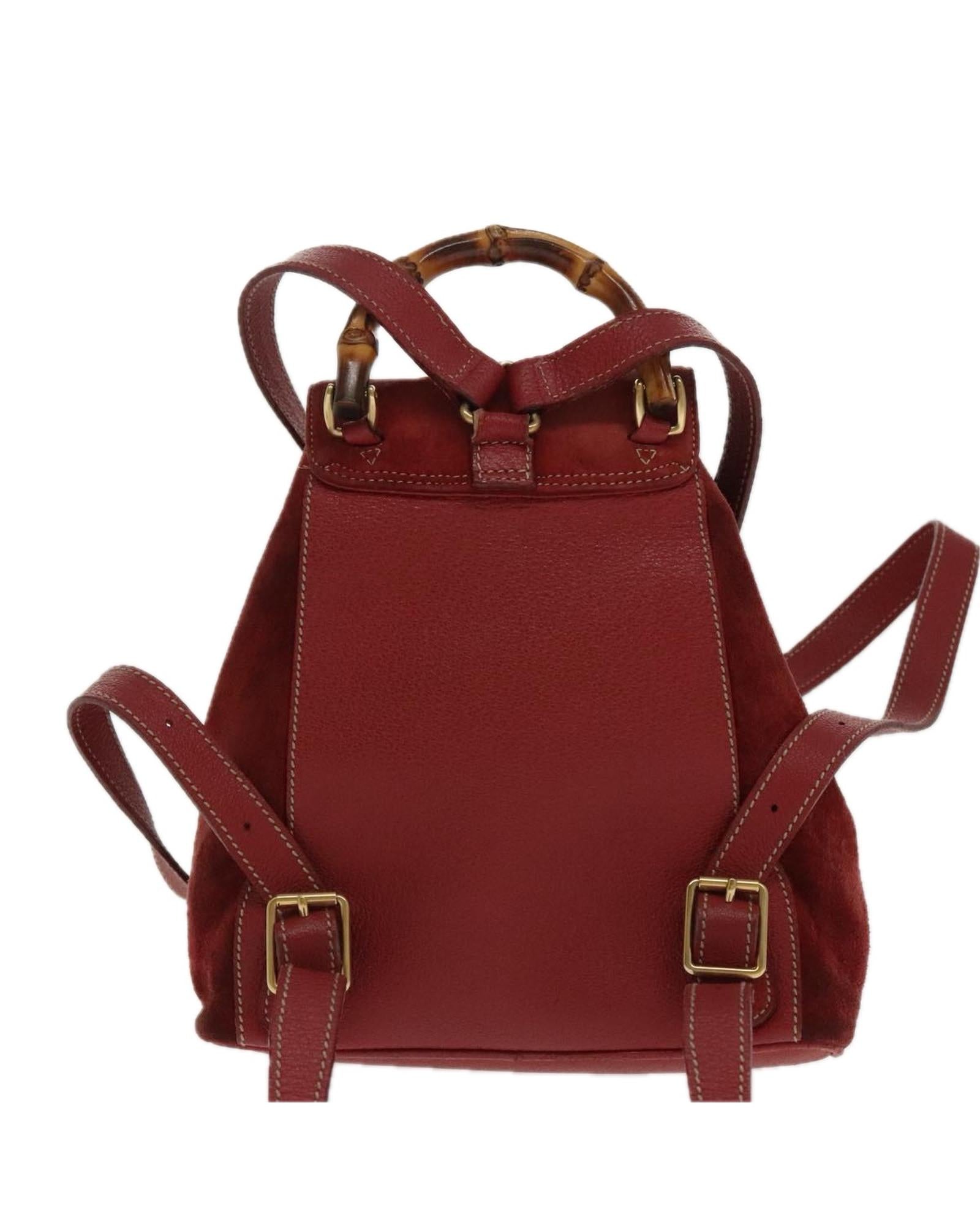 Suede Backpack with Bamboo Handle and Gold Accents