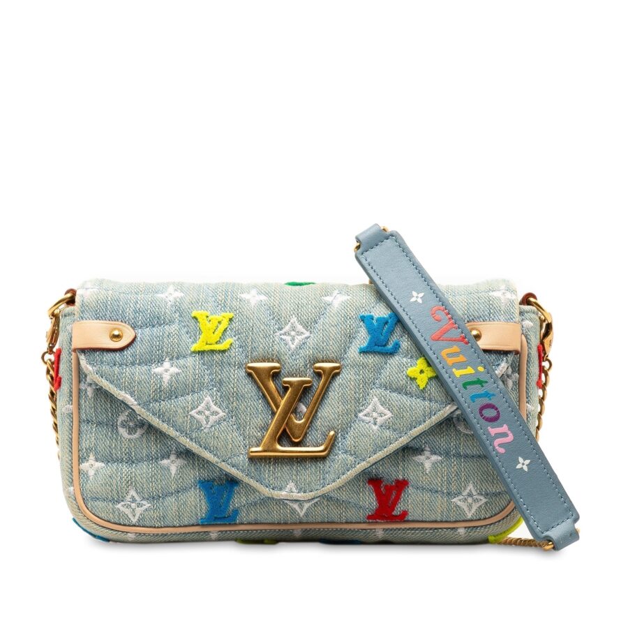 Blue Louis Vuitton Embroidered Monogram Denim New Wave Chain Pochette Crossbody Bag | Studio Nafay