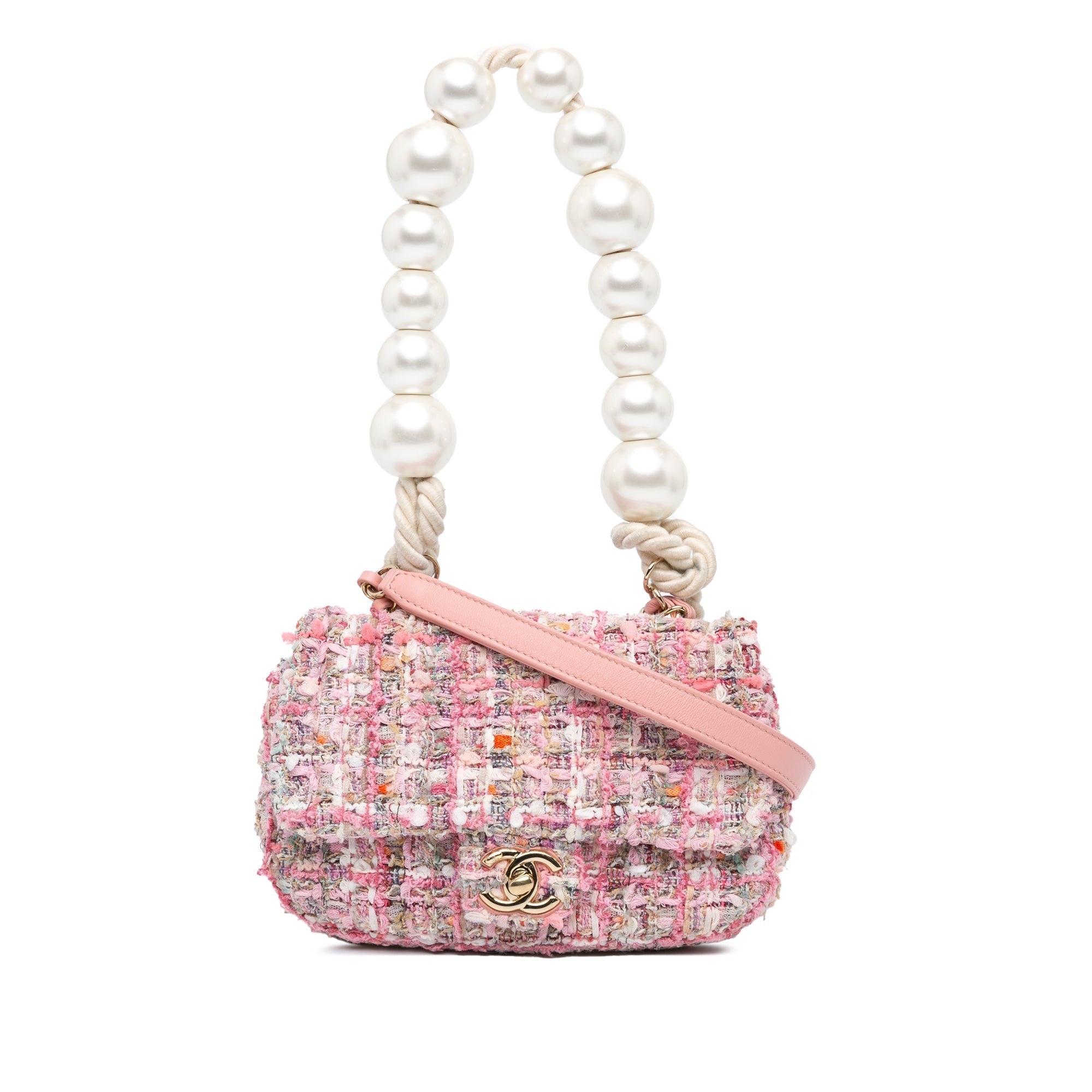 Pink Chanel Mini Tweed Pearl Top Handle Flap Satchel