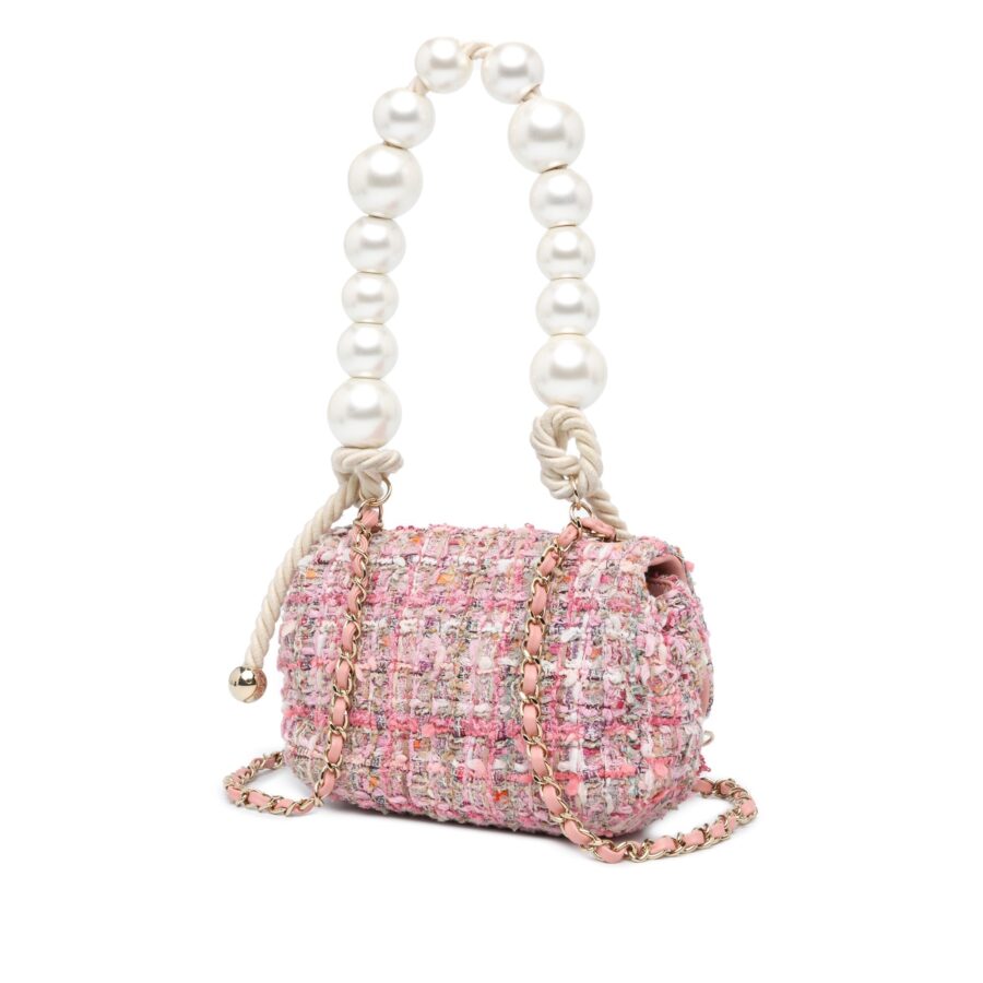 Pink Chanel Mini Tweed Pearl Top Handle Flap Satchel | Studio Nafay