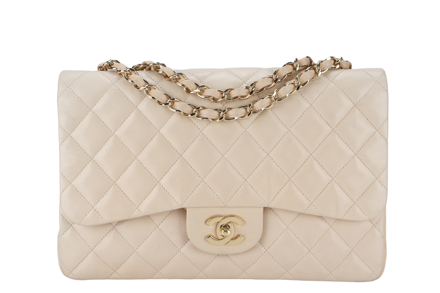 CHANEL CLASSIC SINGLE FLAP (1309xxxx) JUMBO BEIGE LAMBSKIN GOLD HARDWARE WITH | Studio Nafay