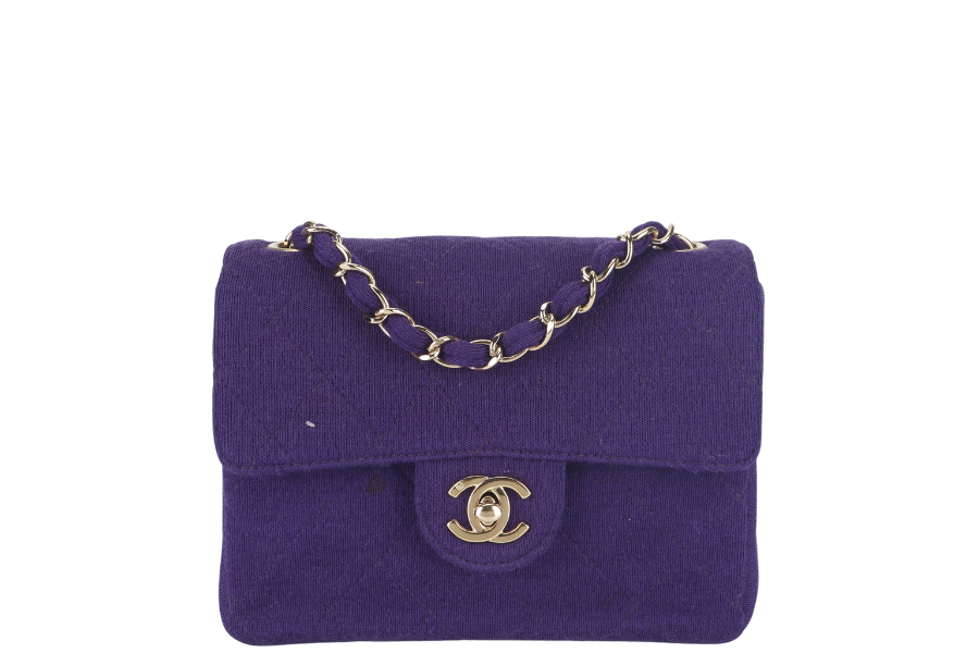 CHANEL CLASSIC FLAP MINI SQUARE (648xxxx) PURPLE JERSEY GOLD HARDWARE WITH DUST COVER AND | Studio Nafay