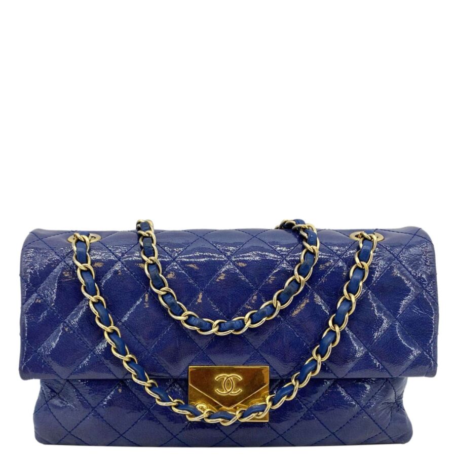 Chanel Envelope Lock 3 Small Quilted Patent Leather Shoulder Bag Blue | Studio Nafay