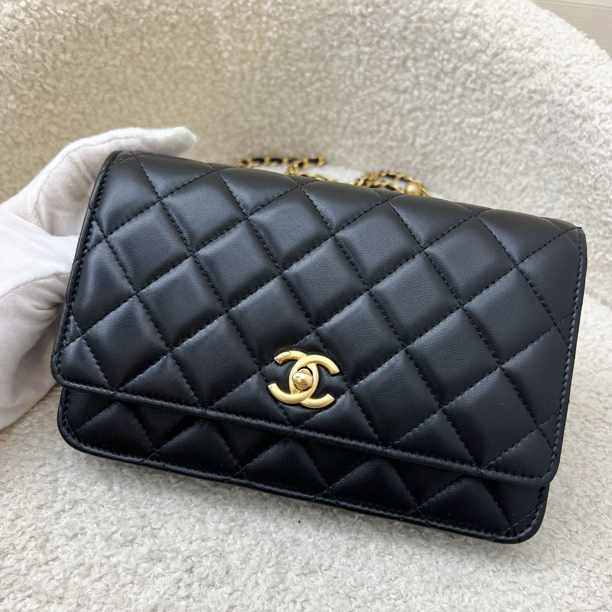 Chanel Pearl Crush Wallet on Chain WOC in Black Lambskin and AGHW Crossbody
