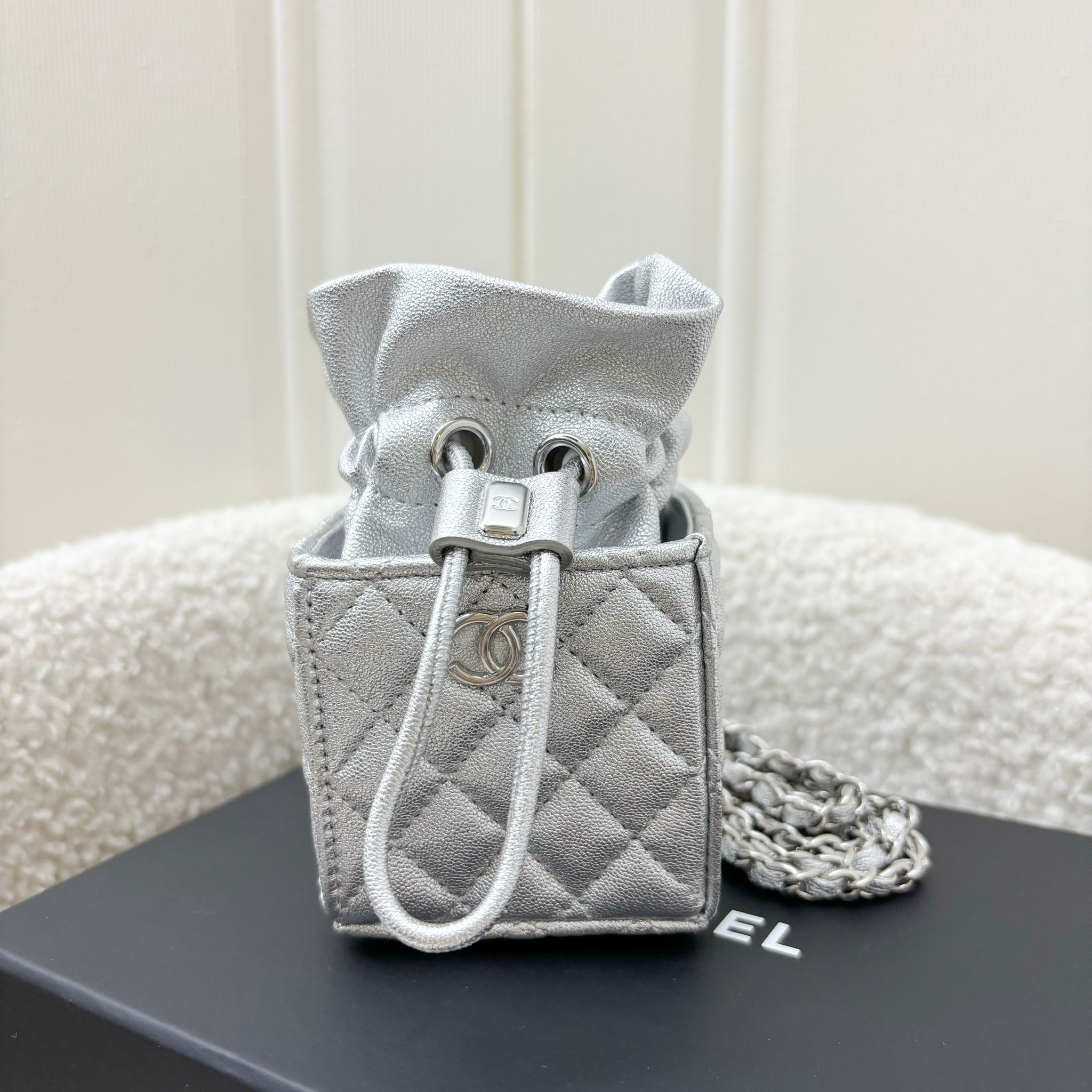 Chanel VIP Gift Micro Box Bag in Metallic Silver Lambskin and SHW