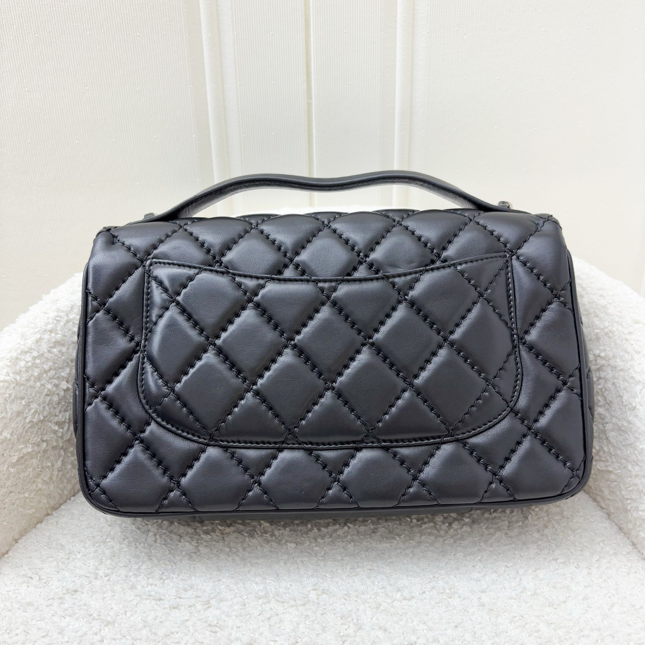 Chanel 15P Top Handle Flap Bag in Black Lambskin and SHW (Model: )