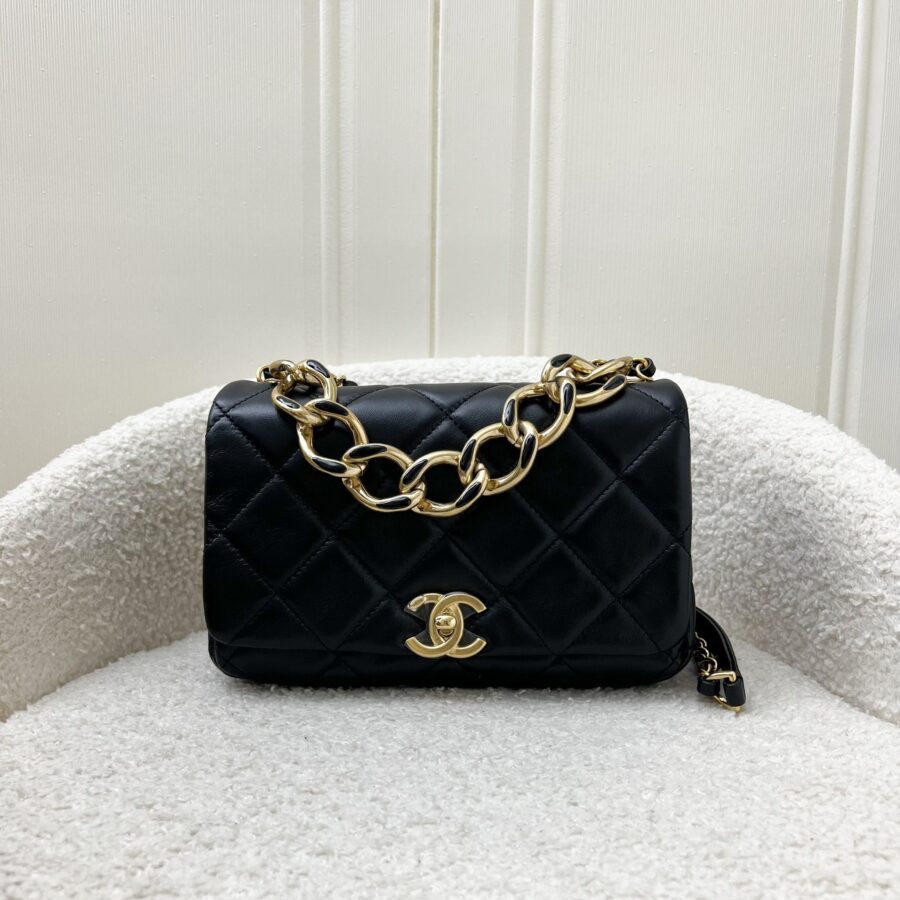 Chanel 22A Mini Flap Bag with Chain in Black Lambskin and AGHW | Studio Nafay