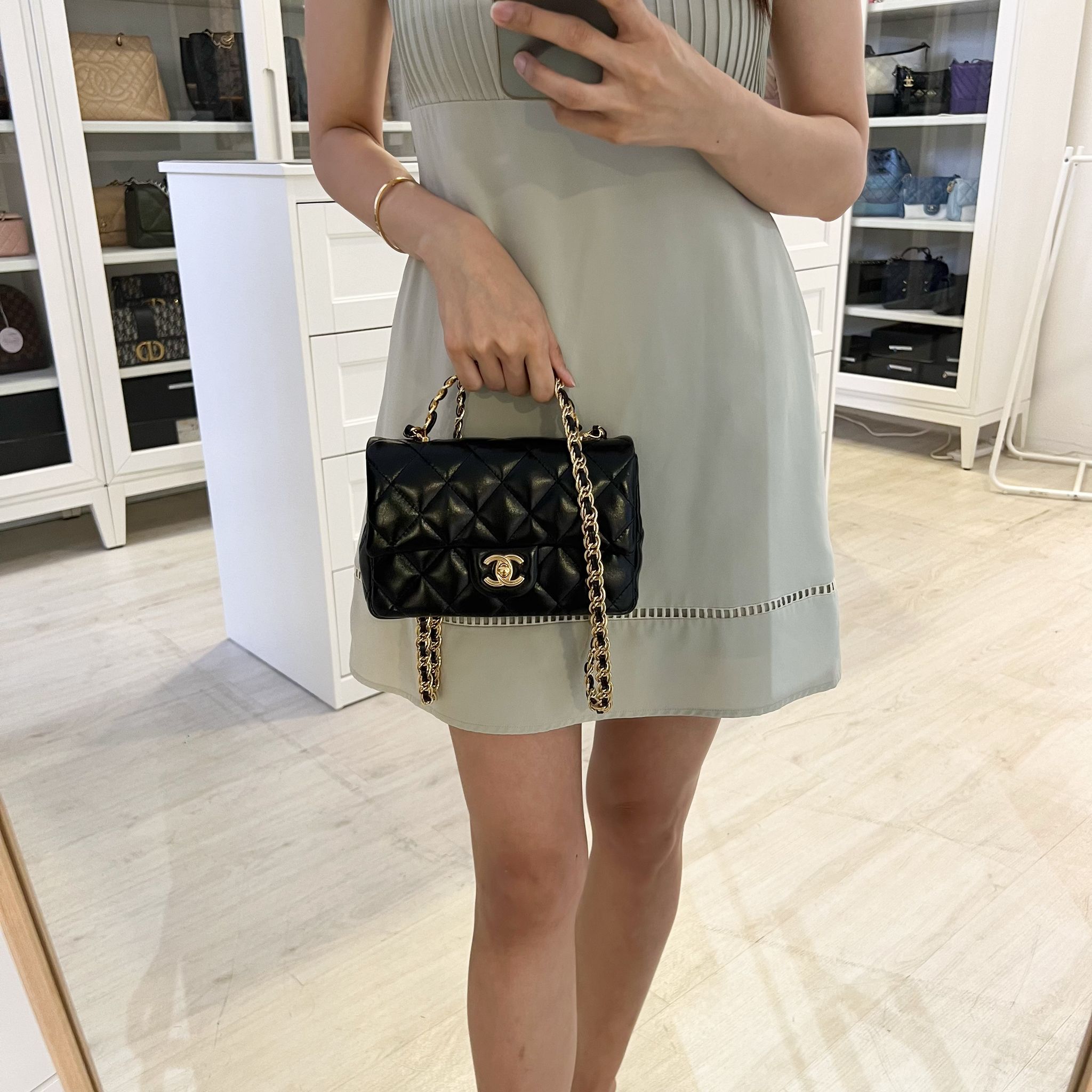 Chanel 23S Top Handle Small / Mini 21cm Flap in Black Lambskin and Shiny GHW Handbag