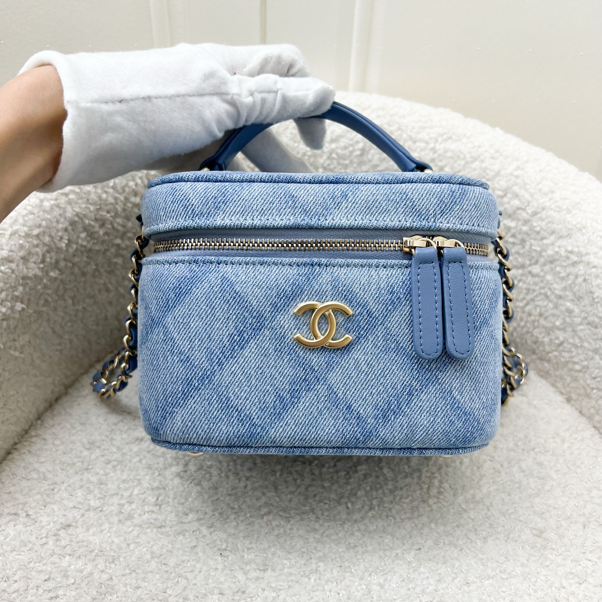 Chanel 22B Cheer for Chanel Vanity Case with Top Handle in Light Blue Fabric and AGHW Handbag