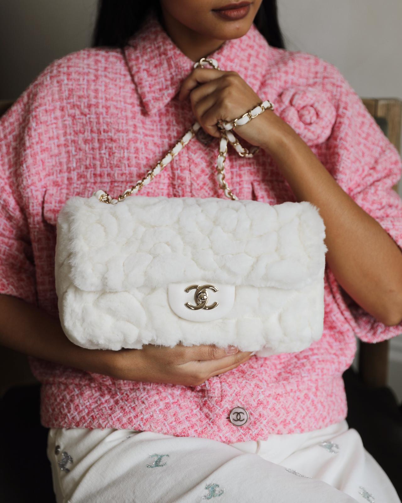 *RARE* Chanel White Rabbit Fur Classic Single Flap Bag with Camelia Flower Motif and Champagne Gold Hardware