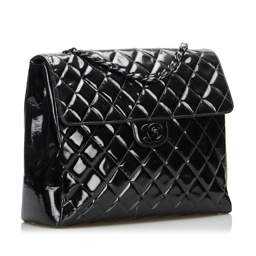 Black Chanel So Black Matelasse Patent Leather Single Flap Bag | Studio Nafay