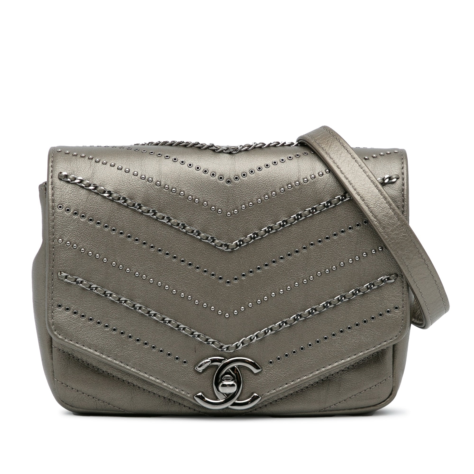 Gray Chanel Mini Embellished Calfskin Chevron Square Envelop Flap Crossbody Bag