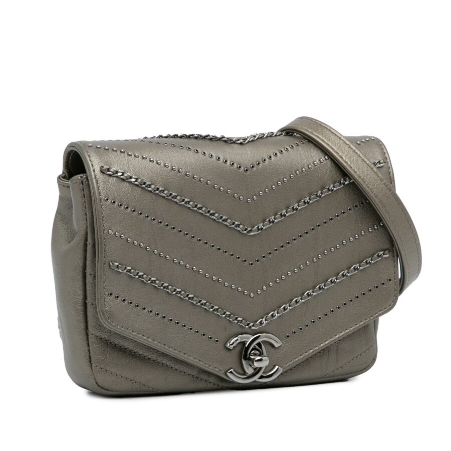 Gray Chanel Mini Embellished Calfskin Chevron Square Envelop Flap Crossbody Bag | Studio Nafay