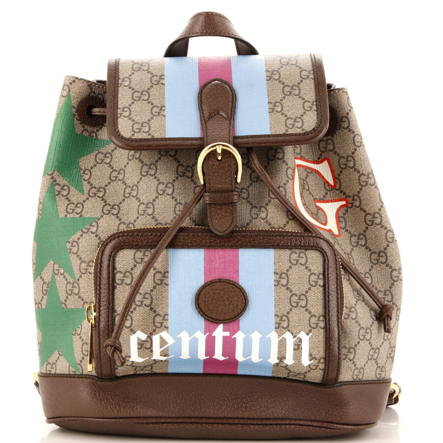 Interlocking G Patch Drawstring Flap Backpack Printed GG Coated Canvas Small | Studio Nafay