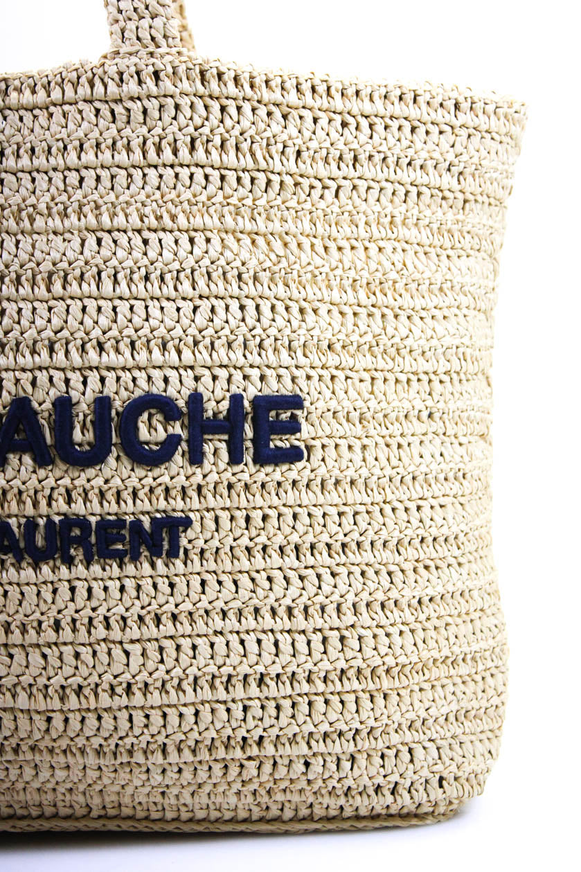 Saint Laurent Womens Large Embroidered Straw Beach Tote Handbag Natural Navy Blue