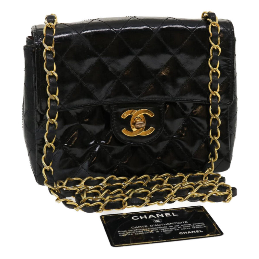 CHANEL Mini Matelasse Chain Flap Shoulder Bag Enamel Black Gold CC ar6839A | Studio Nafay