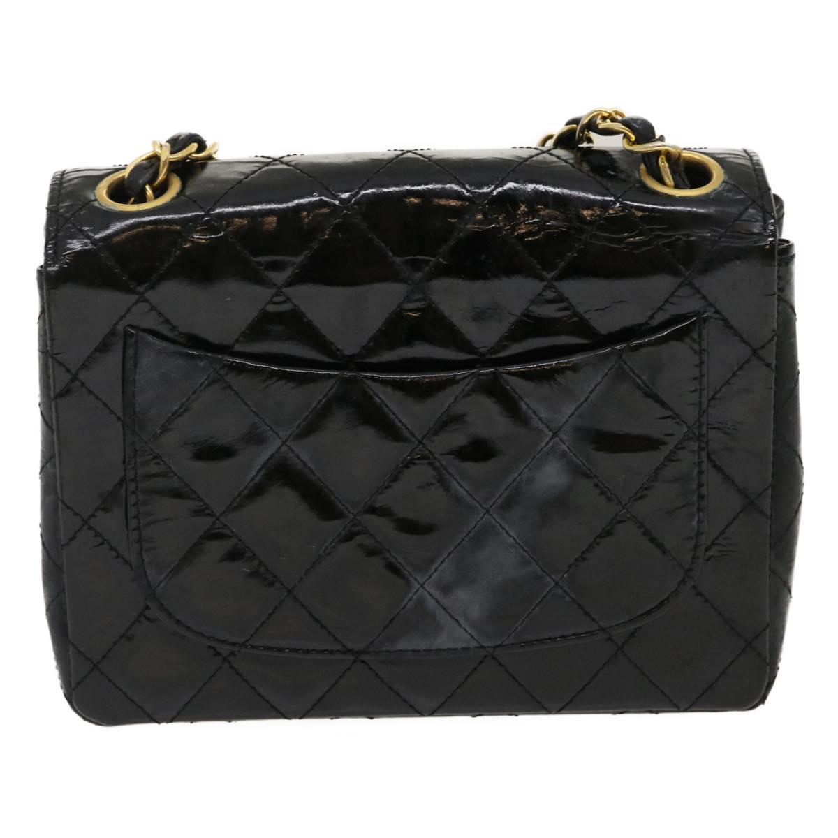 CHANEL Mini Matelasse Chain Flap Shoulder Bag Enamel Black Gold CC ar6839A
