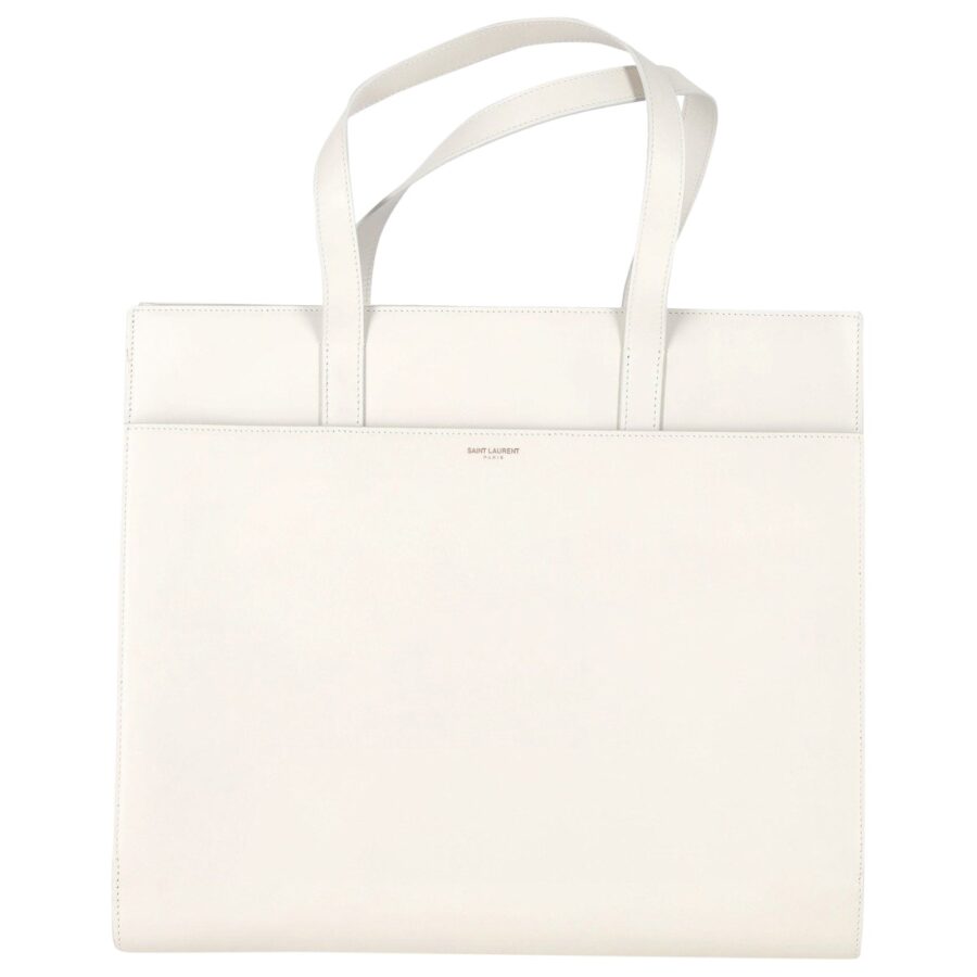 Saint Laurent Flat Shopping Tote Bag in White Leather | Studio Nafay