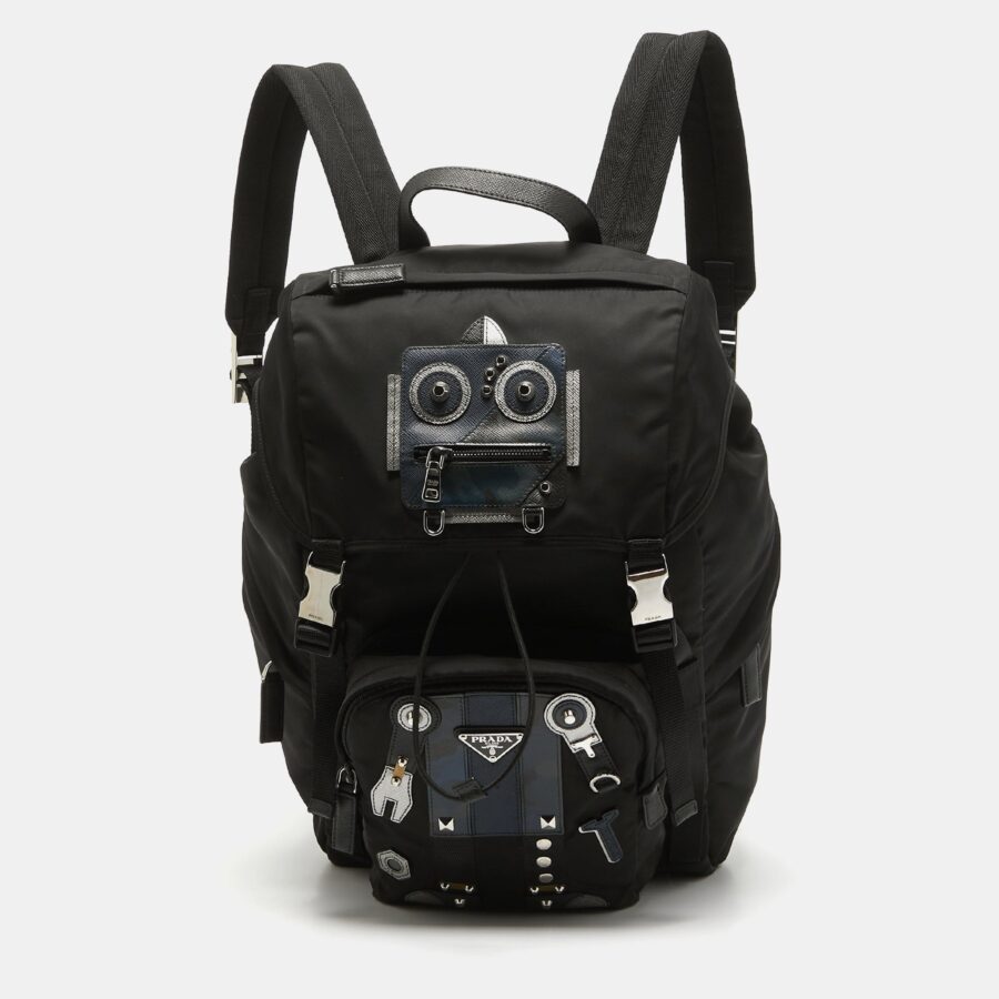 Prada Black Nylon Robot Drawstring Backpack | Studio Nafay