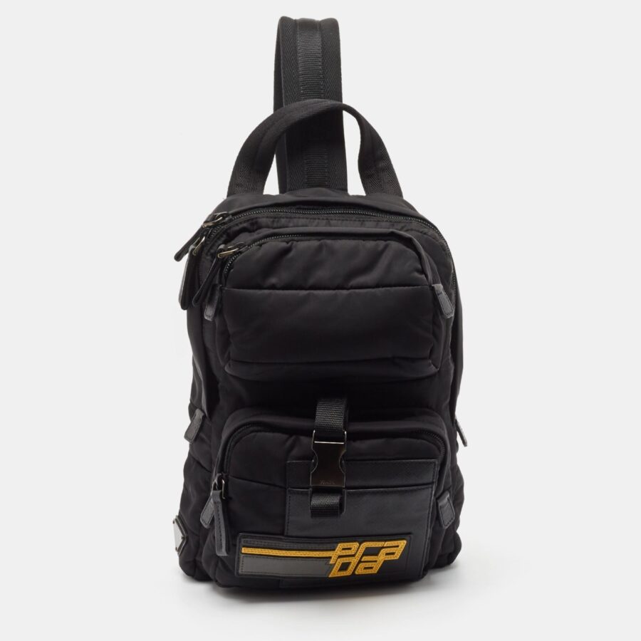 Prada Black Leather And Nylon Racing Logo Sling Backpack | Studio Nafay