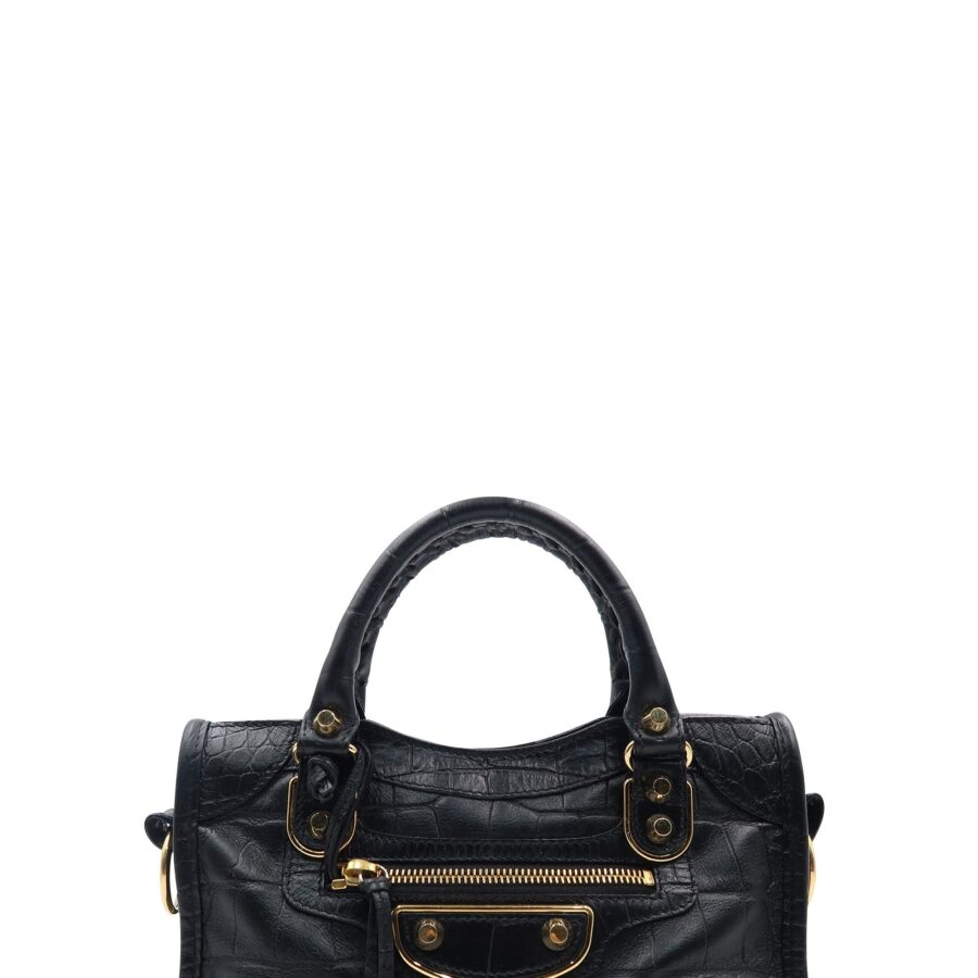 Classic Metallic Edge Mini City Crocodile Embossed Black Black | Studio Nafay