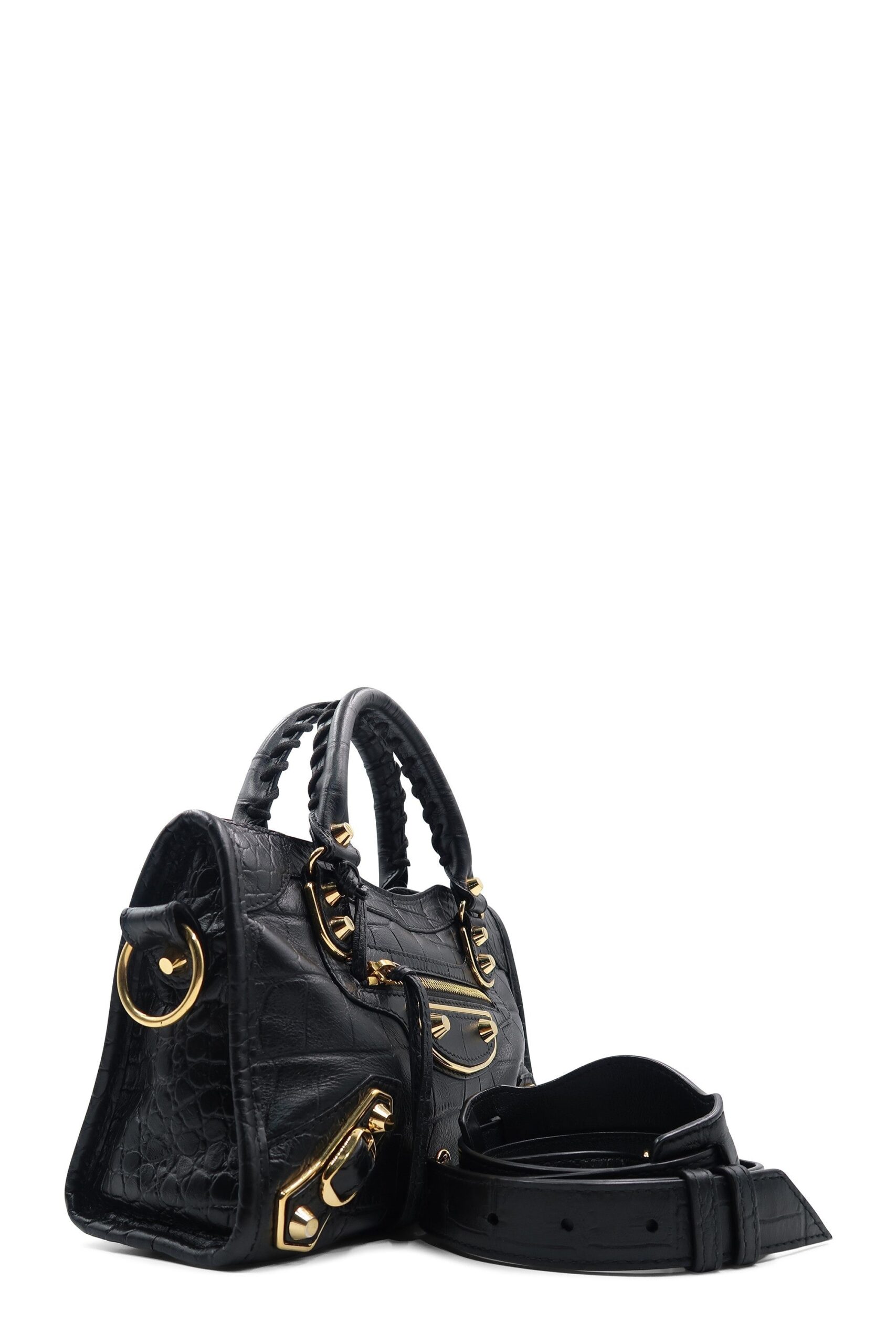 Classic Metallic Edge Mini City Crocodile Embossed Black Black