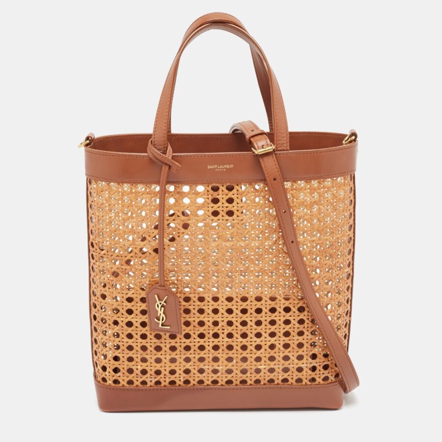 Saint Laurent Brown/beige Woven Raffia And Leather Toy Tote | Studio Nafay