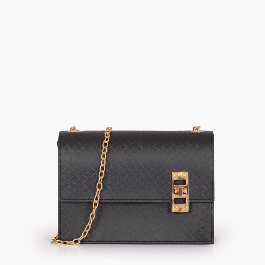 Black weaved chain shoulder bag with twist lock | Studio Nafay