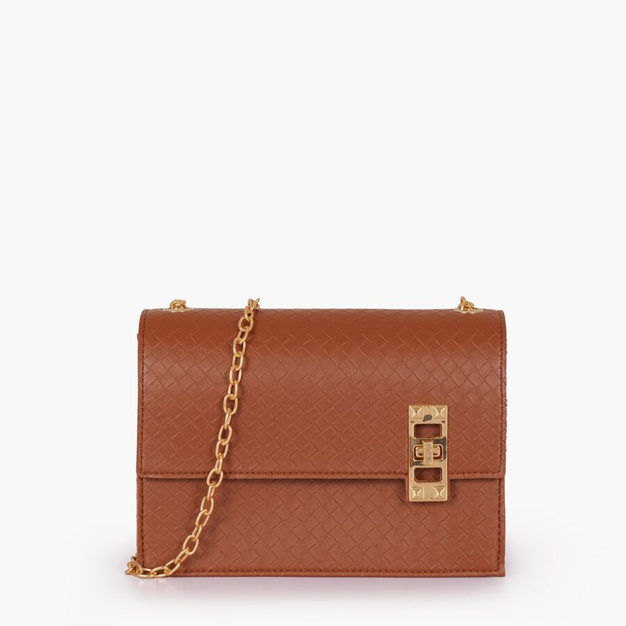 Brown weaved chain shoulder bag with twist lock | Studio Nafay