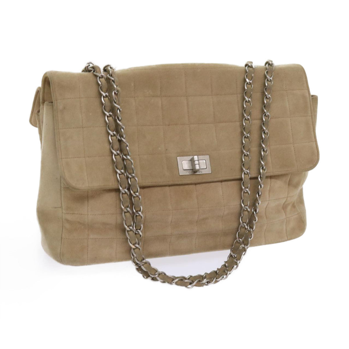 CHANEL Choco Bar Chain Shoulder Bag Suede Beige CC Auth bs11679