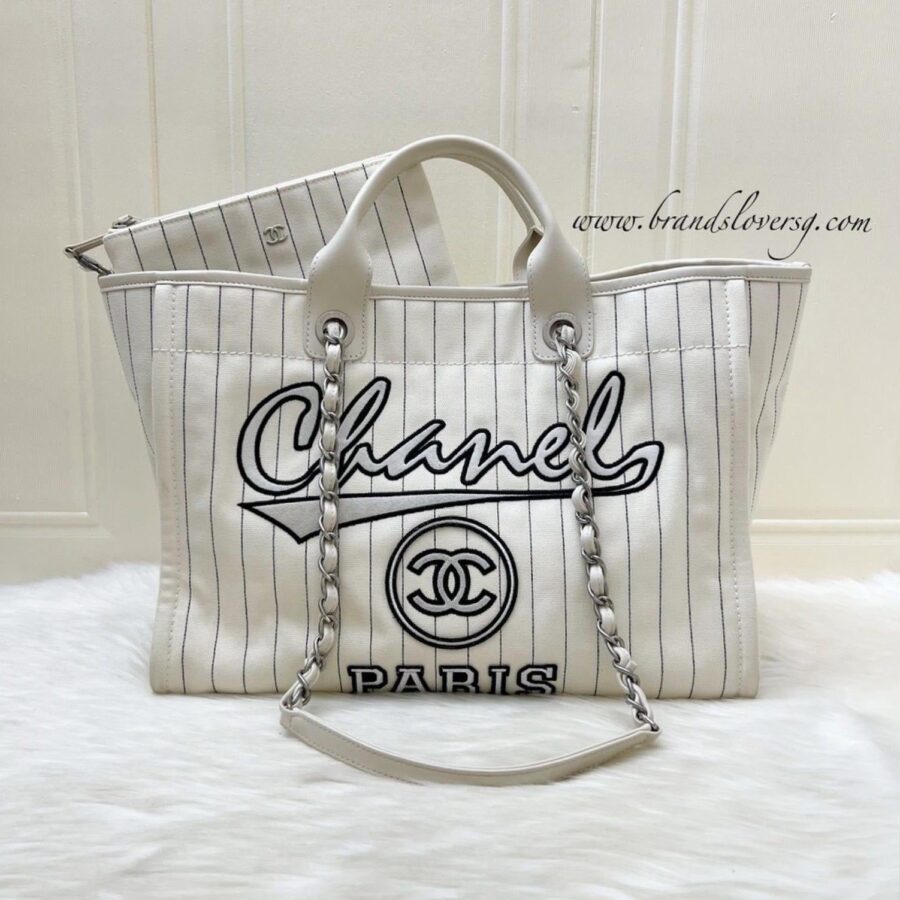 Chanel Medium / Large Deauville Tote in White Striped Fabric and LGHW | Studio Nafay