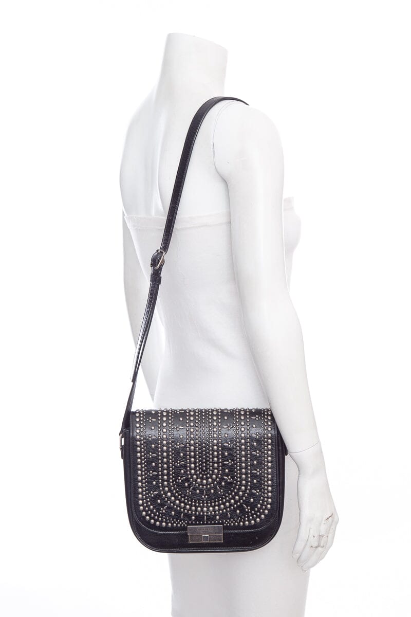 Saint Laurent Amalia Black & Silver Studded Shiny Calfskin Handbag