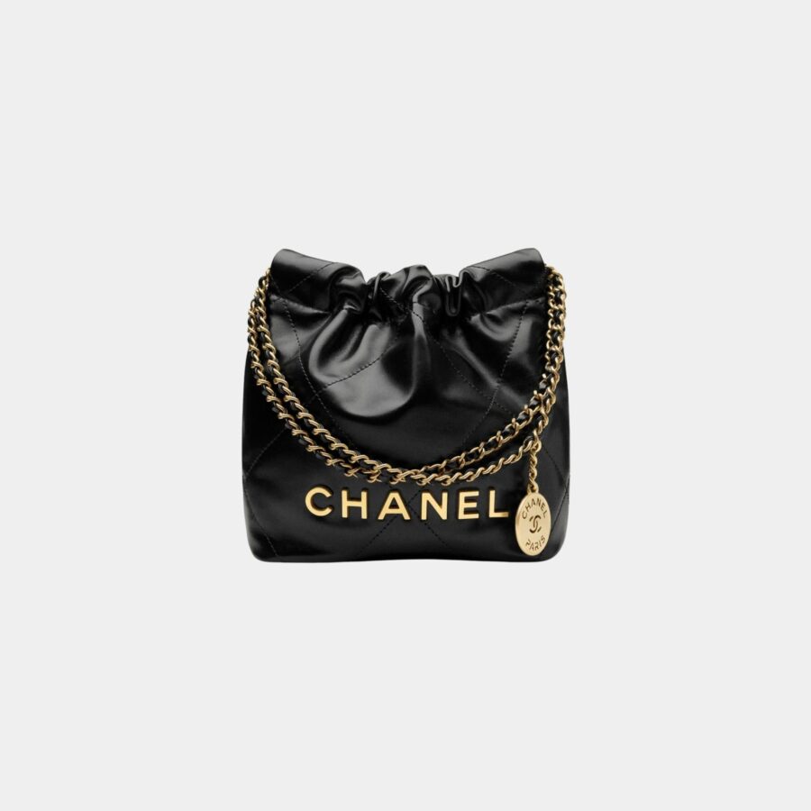 CHANEL 22 Mini Handbag Shiny Calfskin Gold Tone Metal Black | Studio Nafay