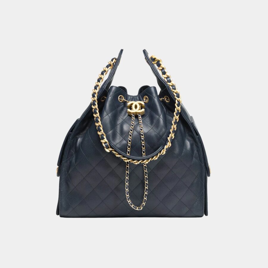 Chanel 25 Medium Handbag Grained Calfskin & Gold tone Metal Dark Blue | Studio Nafay