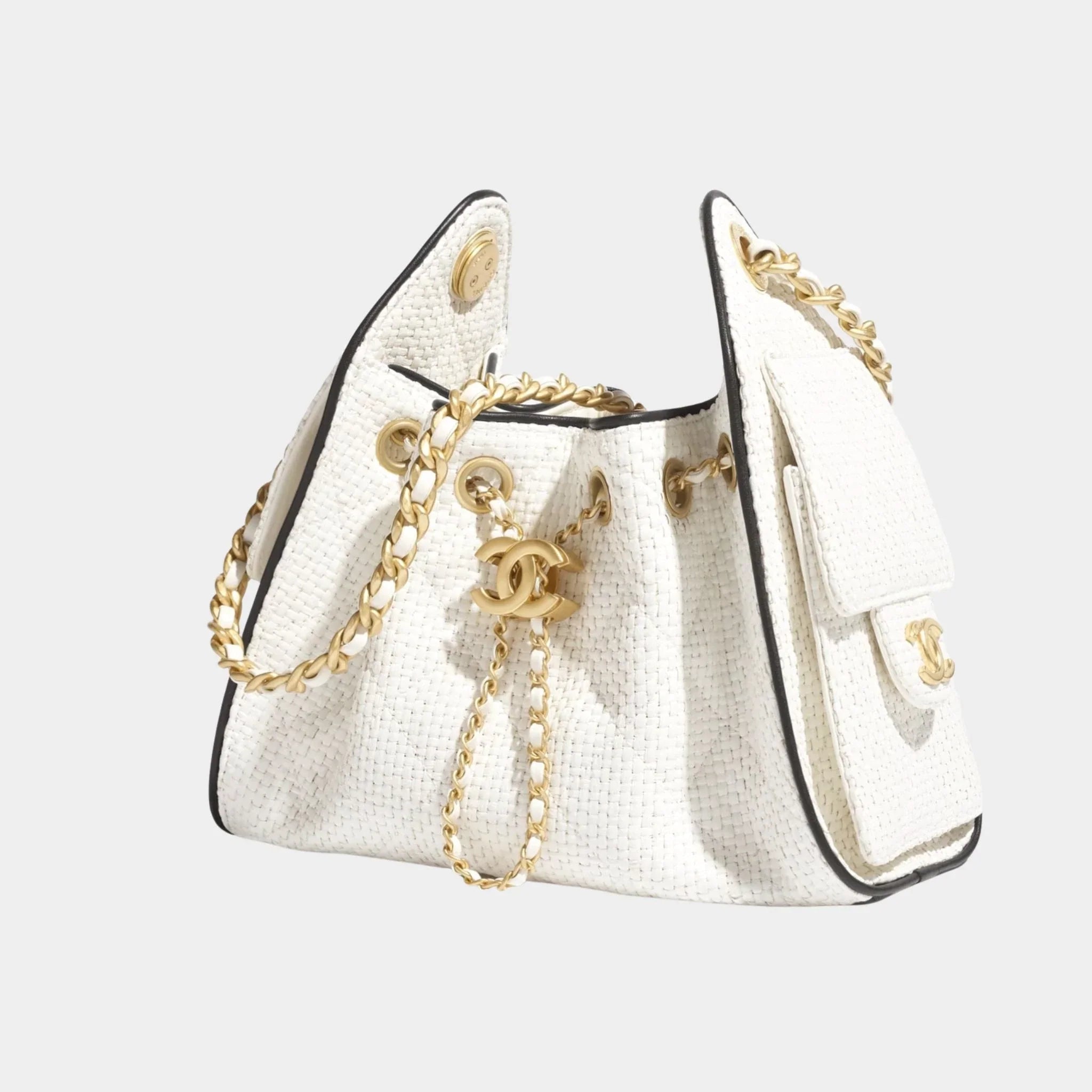 Chanel 25 Mini Handbag Braided Raffia Calfskin & Gold Tone Metal