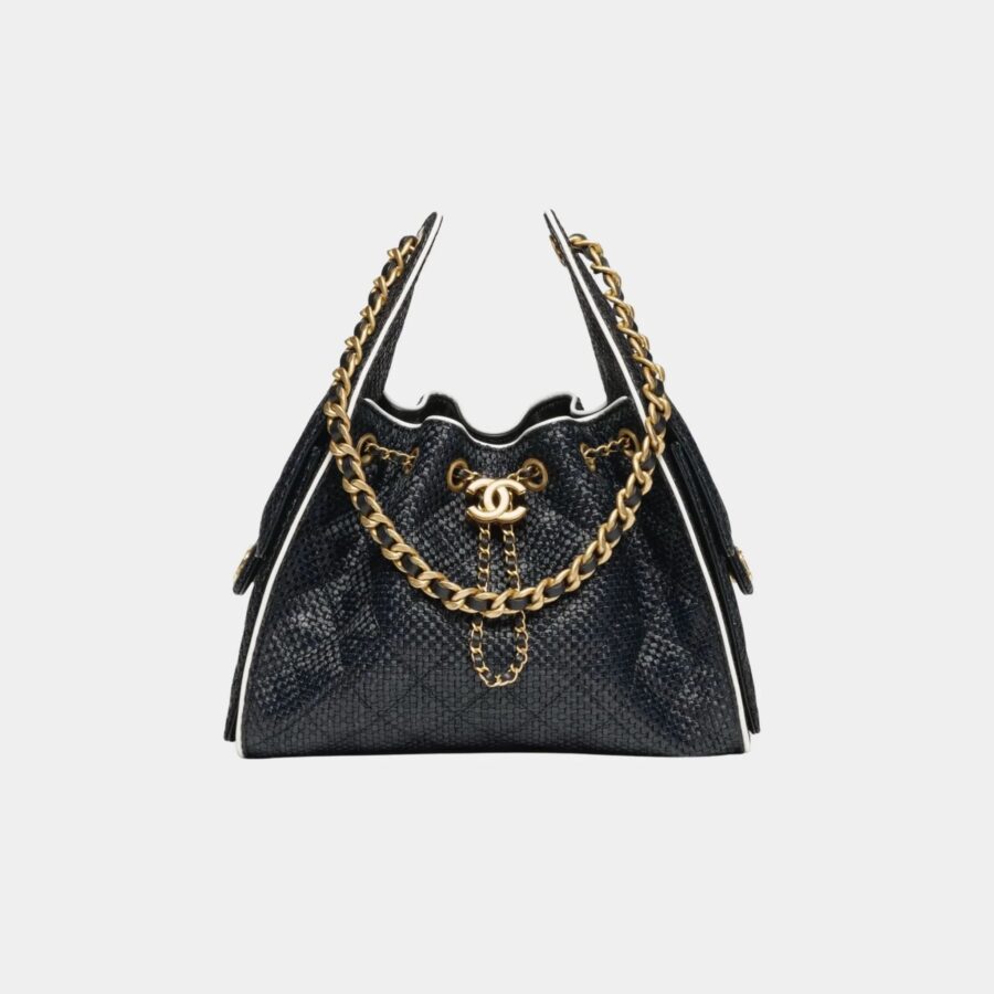Chanel 25 Small Handbag Braided Raffia Calfskin & Gold Tone Metal | Studio Nafay