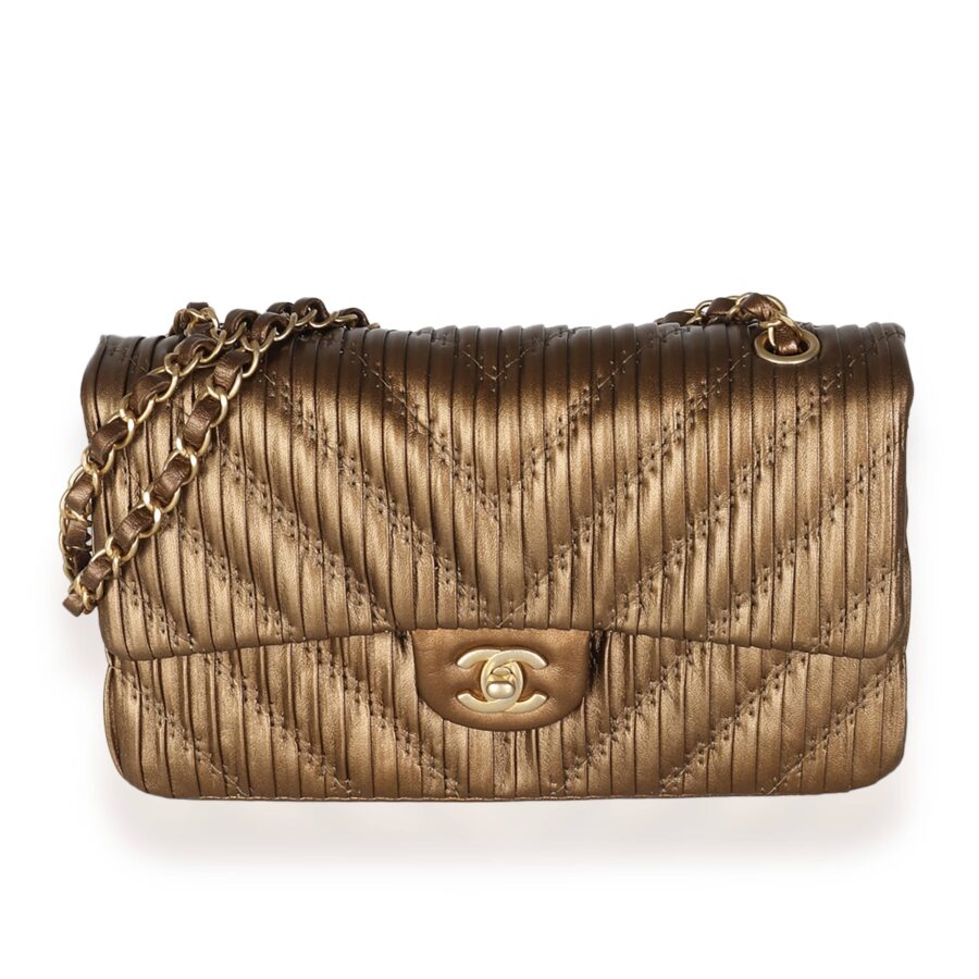 Chanel 18C Bronze Chevron Pleated Calfskin Medium Classic Double Flap Bag | Studio Nafay