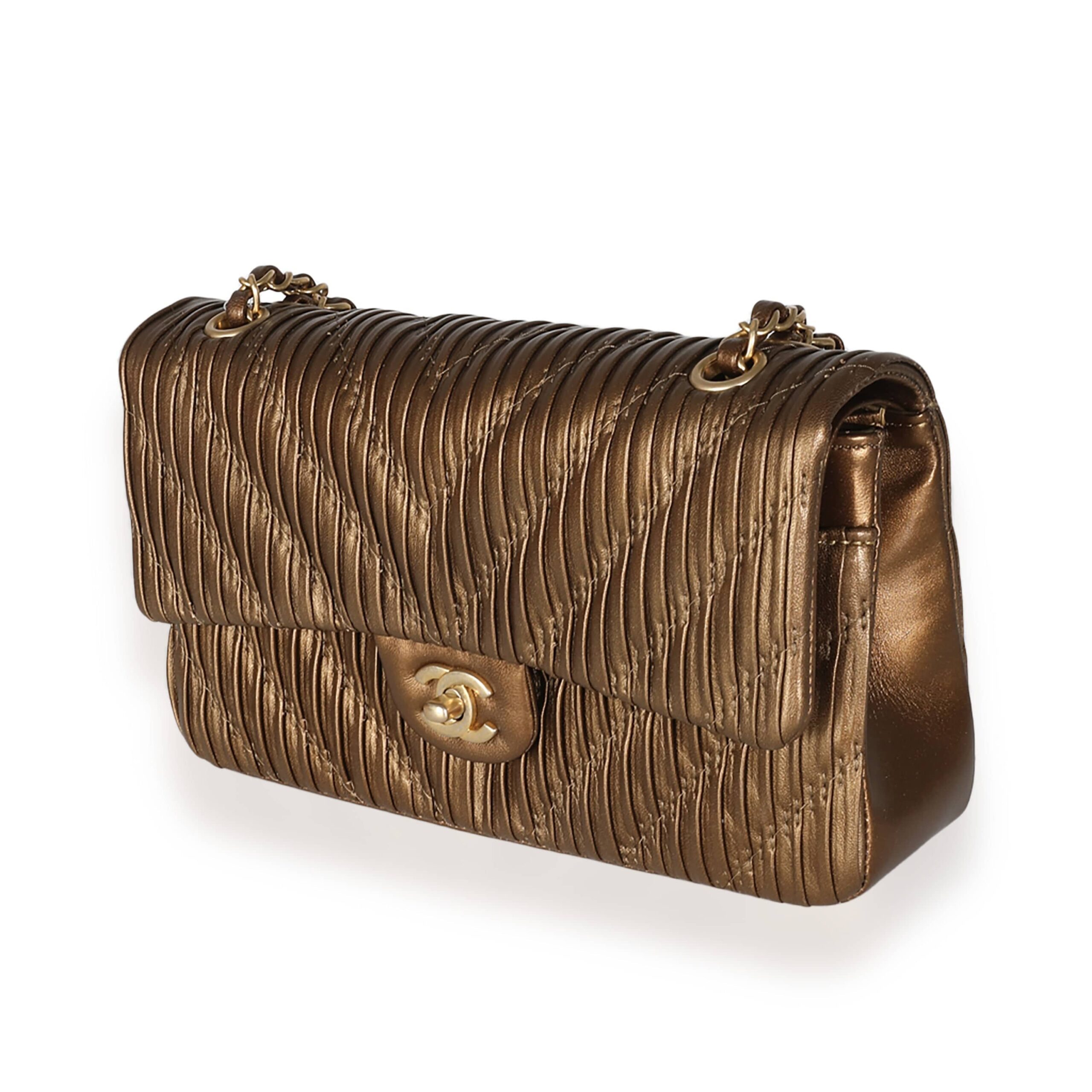 Chanel 18C Bronze Chevron Pleated Calfskin Medium Classic Double Flap Bag