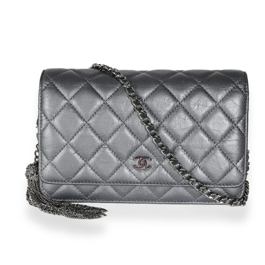 Chanel Dark Silver Iridescent Aged Calfskin Quilted Tassel Wallet On Chain | Studio Nafay