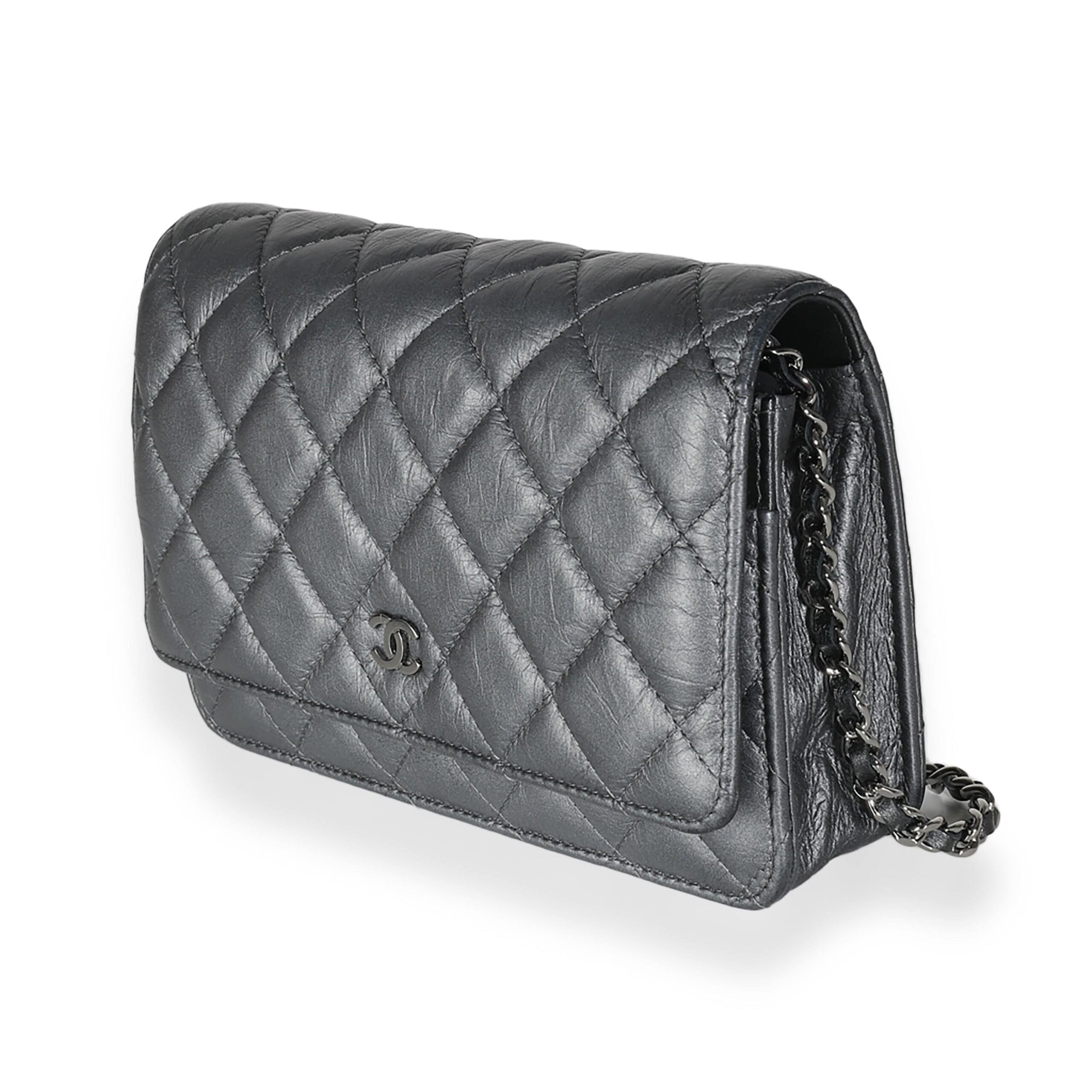 Chanel Dark Silver Iridescent Aged Calfskin Quilted Tassel Wallet On Chain