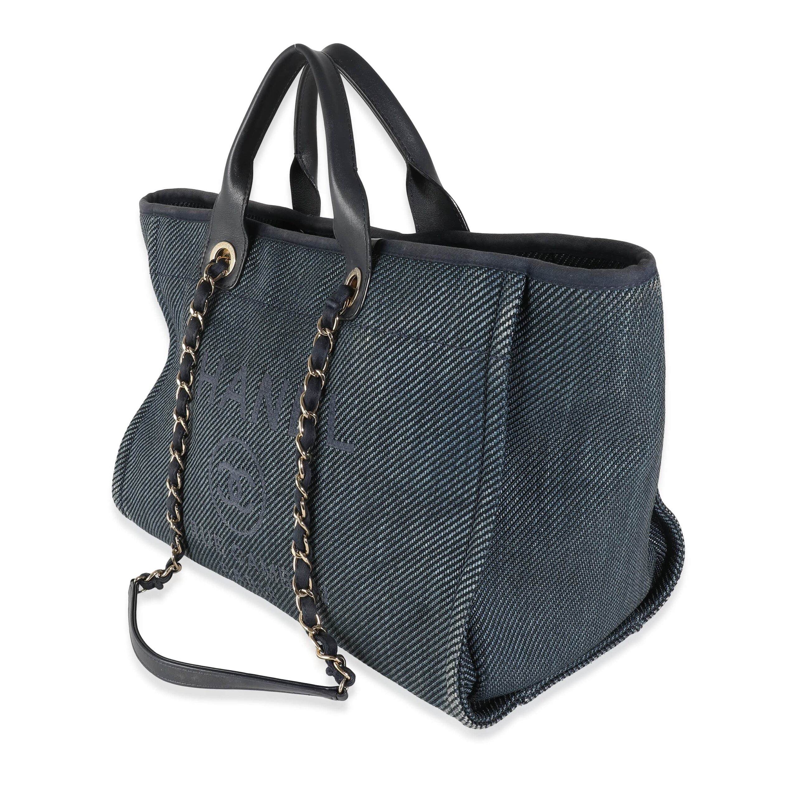 Chanel Navy Blue Woven Straw Raffia Medium Deauville Tote