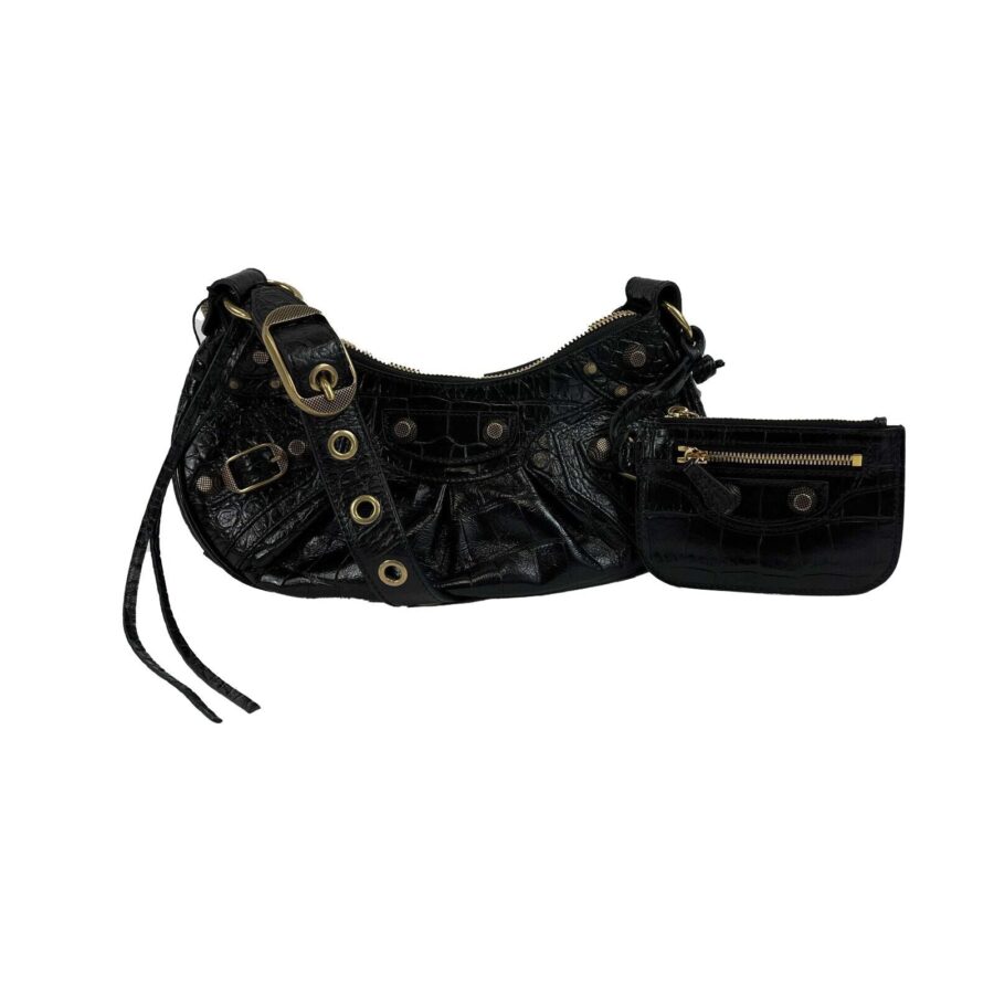 BALENCIAGA - XS Shoulder Bag Crocodile Embossed Black Studded Shoulder Bag NEW | Studio Nafay