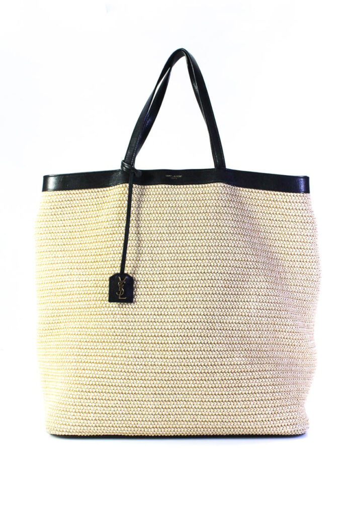Saint Laurent Womens Womens Open Top Patti Large Raffia Tote Handbag Beige Black | Studio Nafay