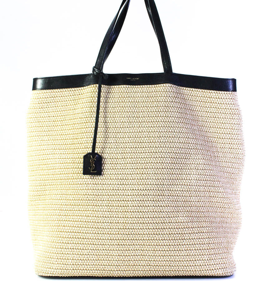 Saint Laurent Womens Womens Open Top Patti Large Raffia Tote Handbag Beige Black | Studio Nafay