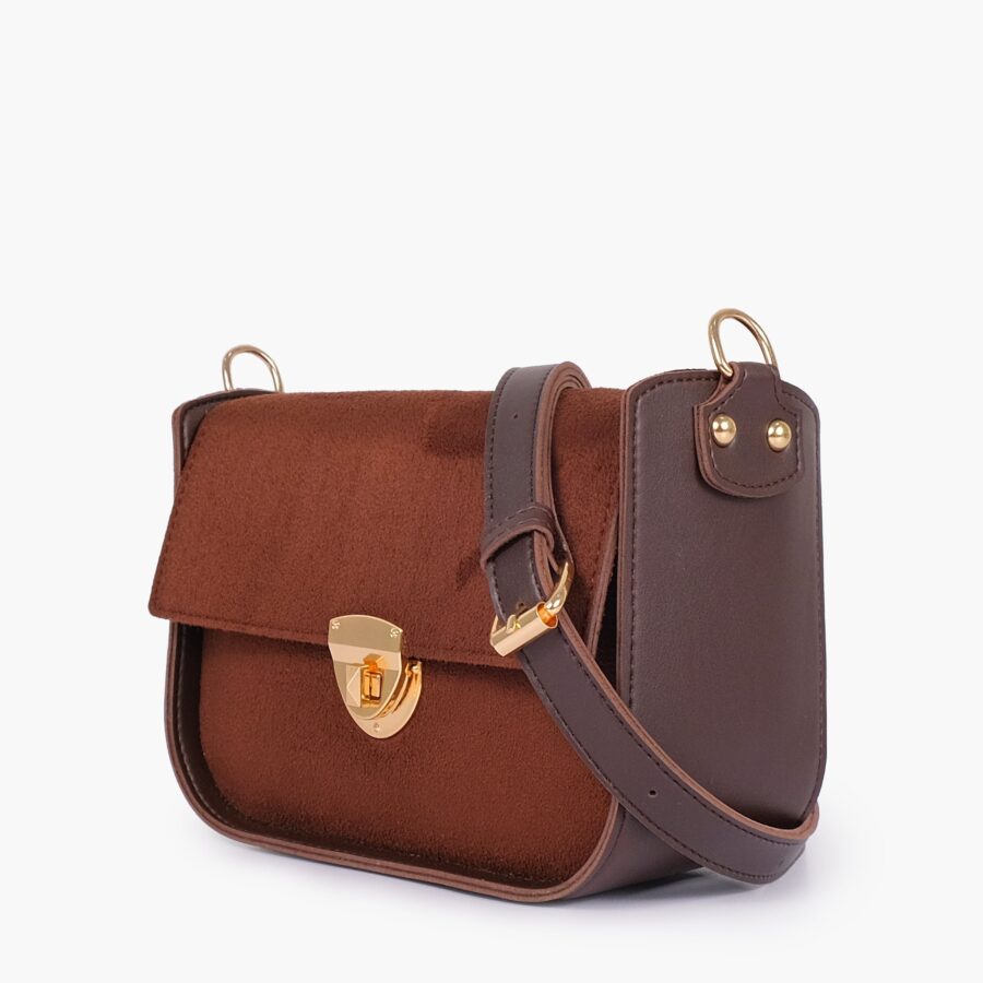 Dark brown suede saddle bag with twist lock | Studio Nafay